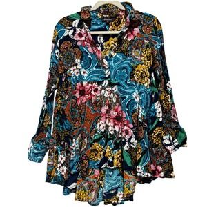 Roamans 18W Crinkle Bold Floral Babydoll Tunic Top boho Maximalist Career glam